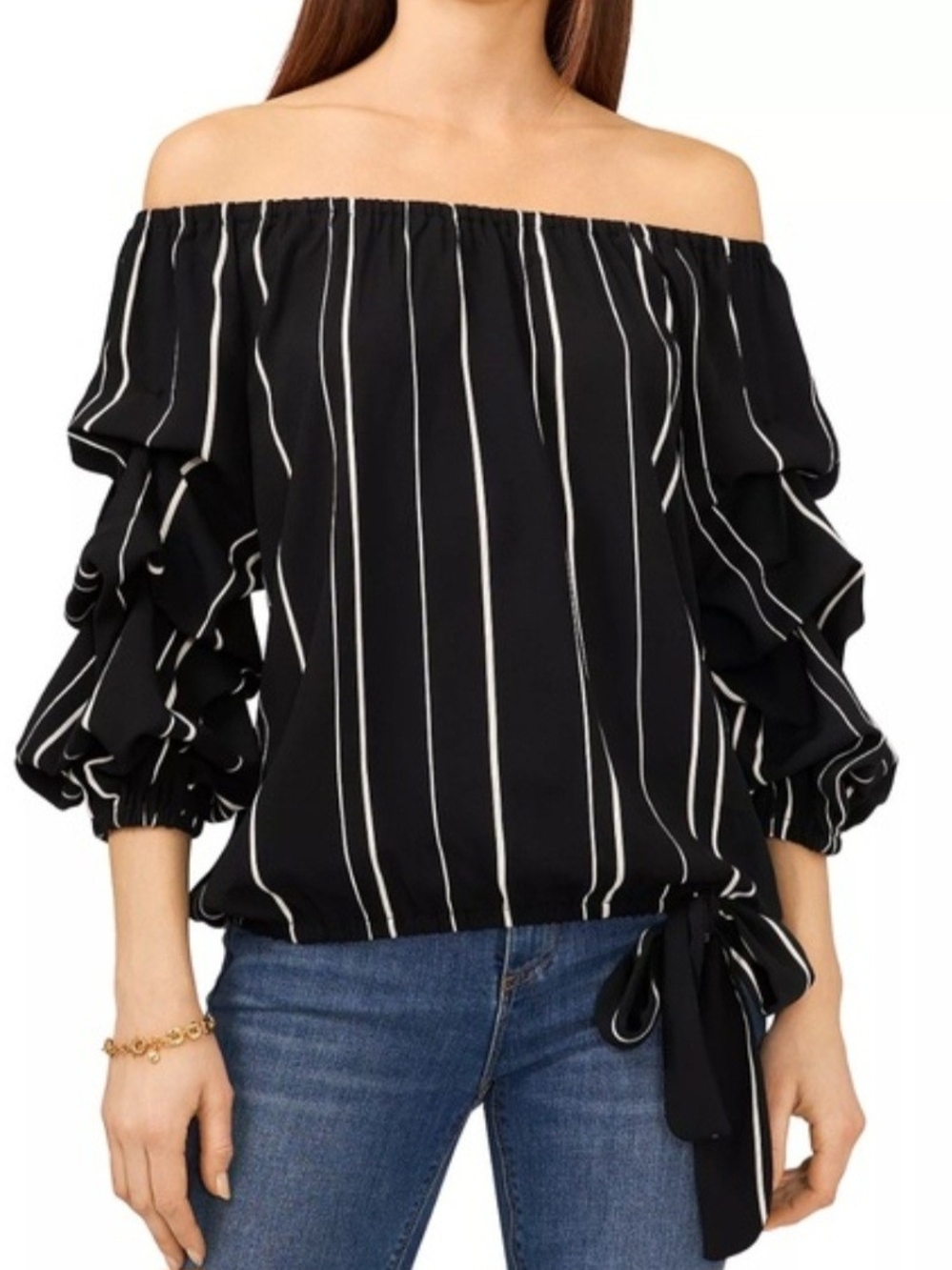 Coco Bianco Black & White Off-Shoulder Tie-Hem Blouse